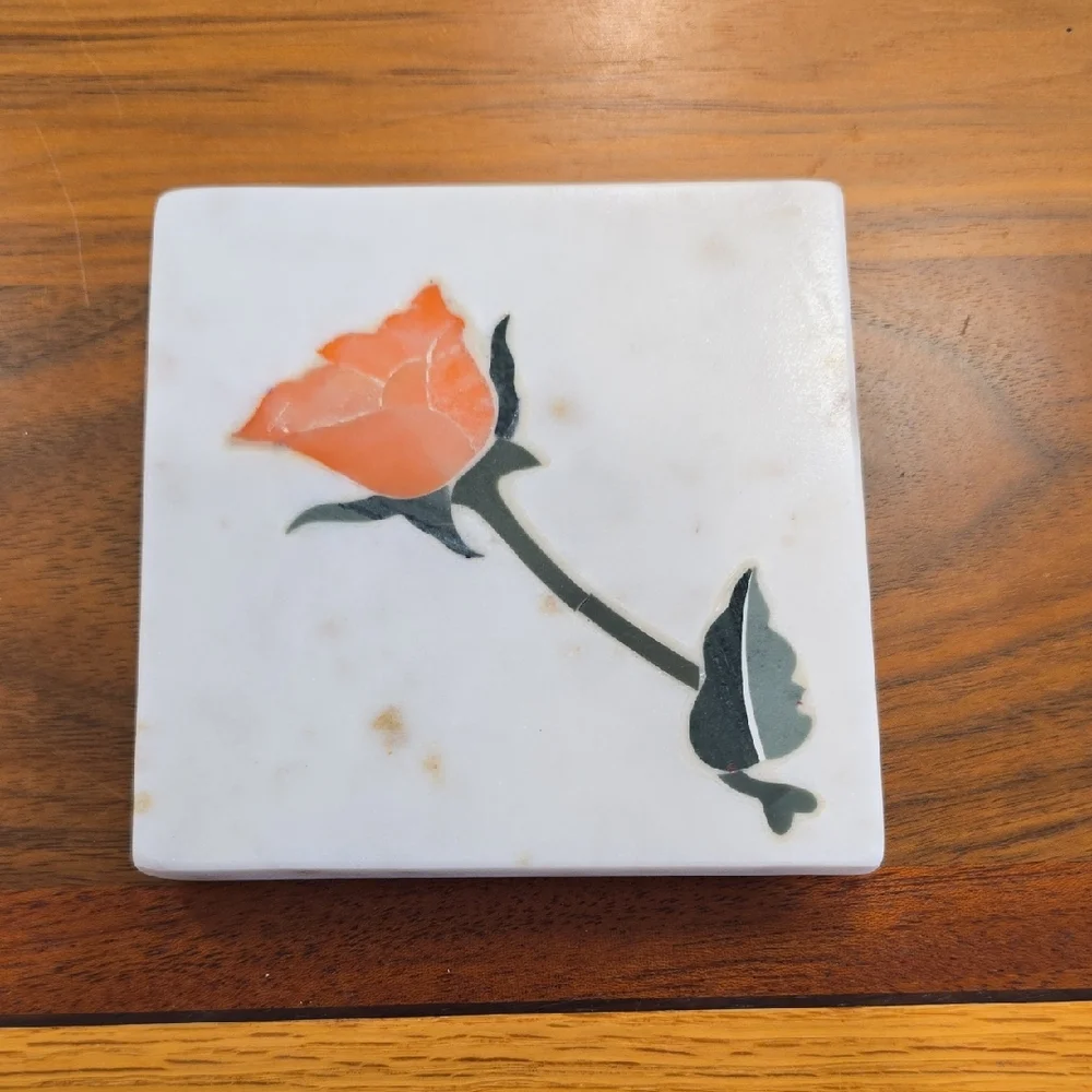Anthropologie Floral White Marble Coaster